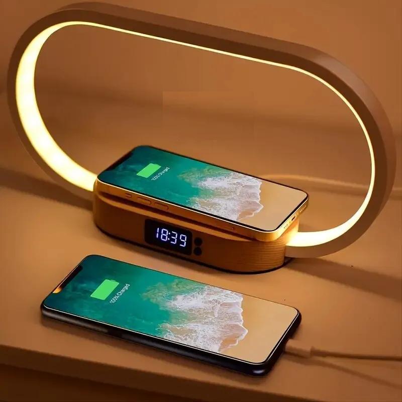 Multifunction Wireless Charger Pad Stand Clock LED Desk Lamp Night Light USB Port Fast Charging Station Dock