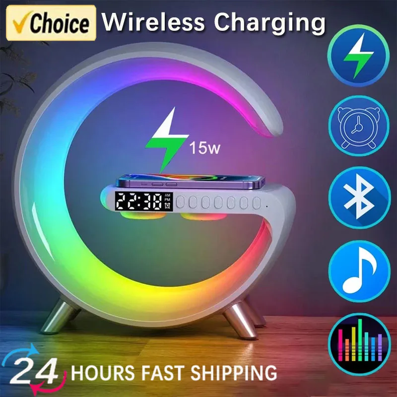Multifunction Wireless Charger Pad Stand Speaker TF RGB Night Light 15W Fast Charging Station for Phones