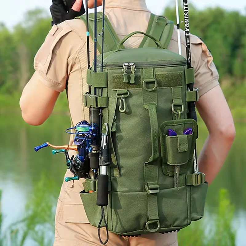 Multifunctional Fishing Backpack Tackle Bag with Rod Holders Fish Equipment Storage Molle Pack Camping Hiking Outdoor