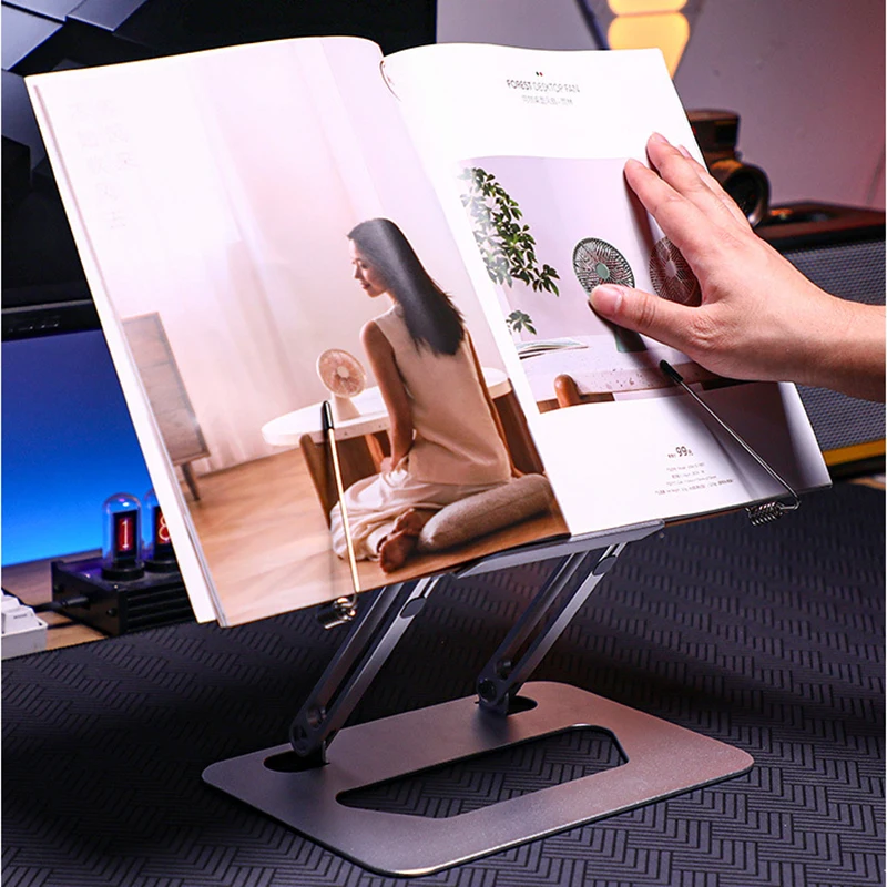 Multifunctional Foldable And Adjustable Aluminum Alloy Reading Stand With Spring Clip For Laptops, Tablets & Thick Books