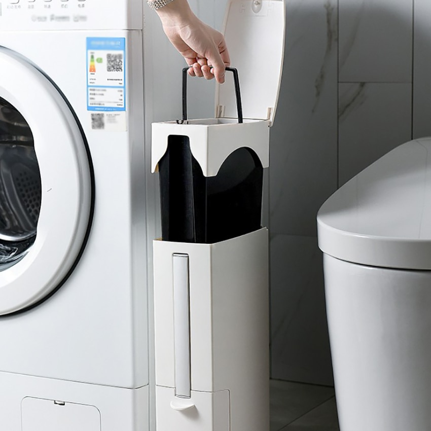 Narrow Trash Can with Toilet Brush