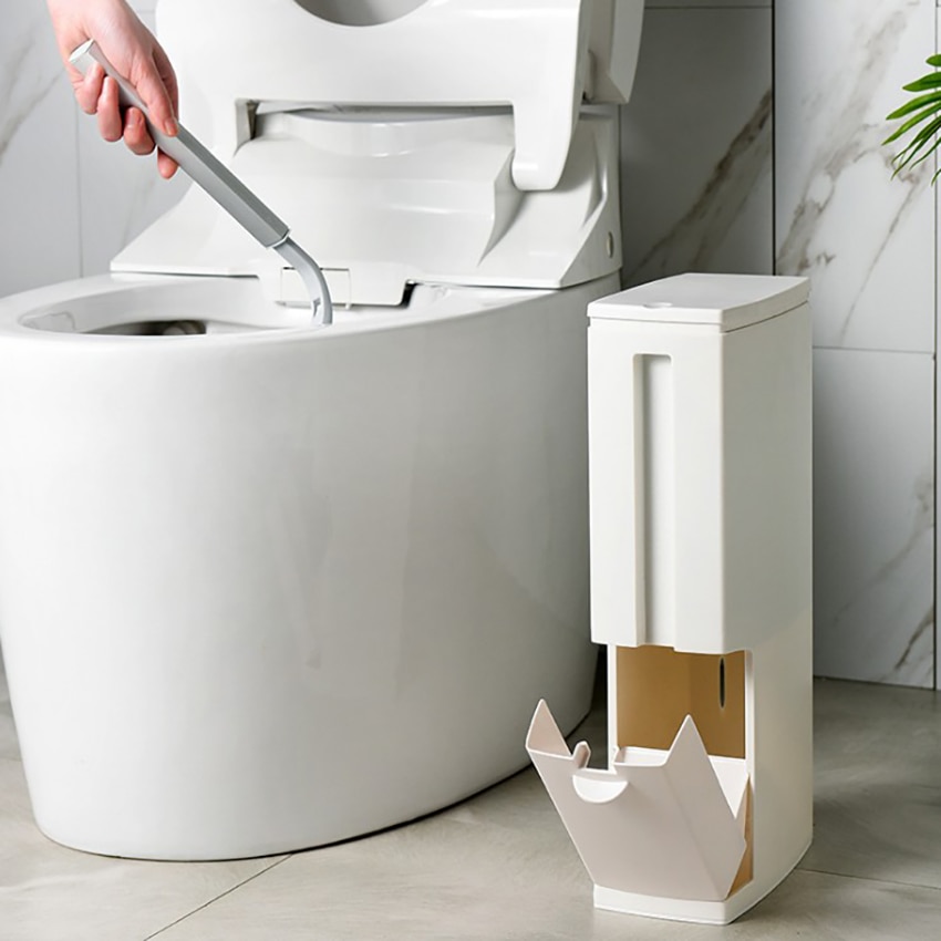 Narrow Trash Can with Toilet Brush
