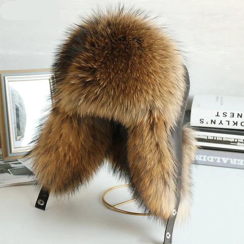 Natural Raccoon Fur Hat Women Black Fox Fur Russian Ushanka Hats Winter Warm Ears Bomber Cap