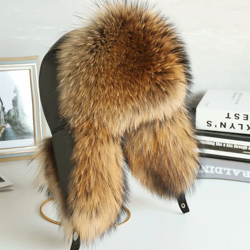 Natural Raccoon Fur Hat Women Black Fox Fur Russian Ushanka Hats Winter Warm Ears Bomber Cap