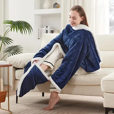 Navy Electric Throw Blanket with Foot Pocket, 6 Heat Settings, 2-10 Hours Timer, 50×70+18, Wearable with Sleeves Navy Electric Throw Blanket with Foot Pocket, 6 Heat Settings, 2-10 Hours Timer, 50×70+18, Wearable with Sleeves