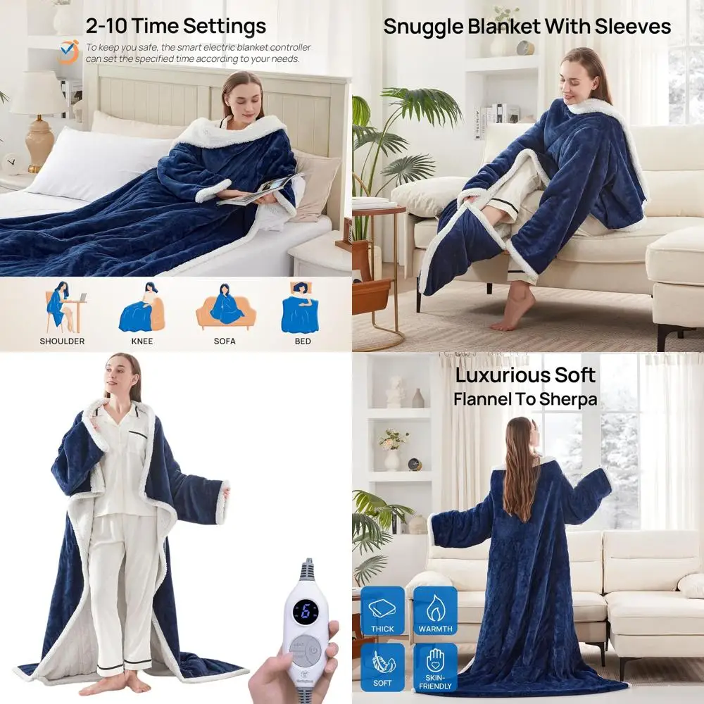 Navy Electric Throw Blanket with Foot Pocket, 6 Heat Settings, 2-10 Hours Timer, 50×70+18, Wearable with Sleeves Navy Electric Throw Blanket with Foot Pocket, 6 Heat Settings, 2-10 Hours Timer, 50×70+18, Wearable with Sleeves