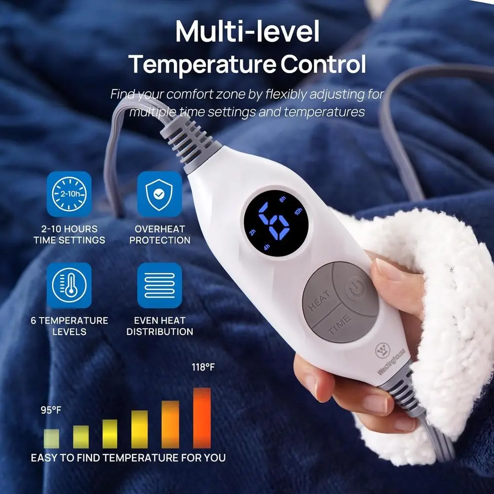 Navy Electric Throw Blanket with Foot Pocket, 6 Heat Settings, 2-10 Hours Timer, 50×70+18, Wearable with Sleeves Navy Electric Throw Blanket with Foot Pocket, 6 Heat Settings, 2-10 Hours Timer, 50×70+18, Wearable with Sleeves