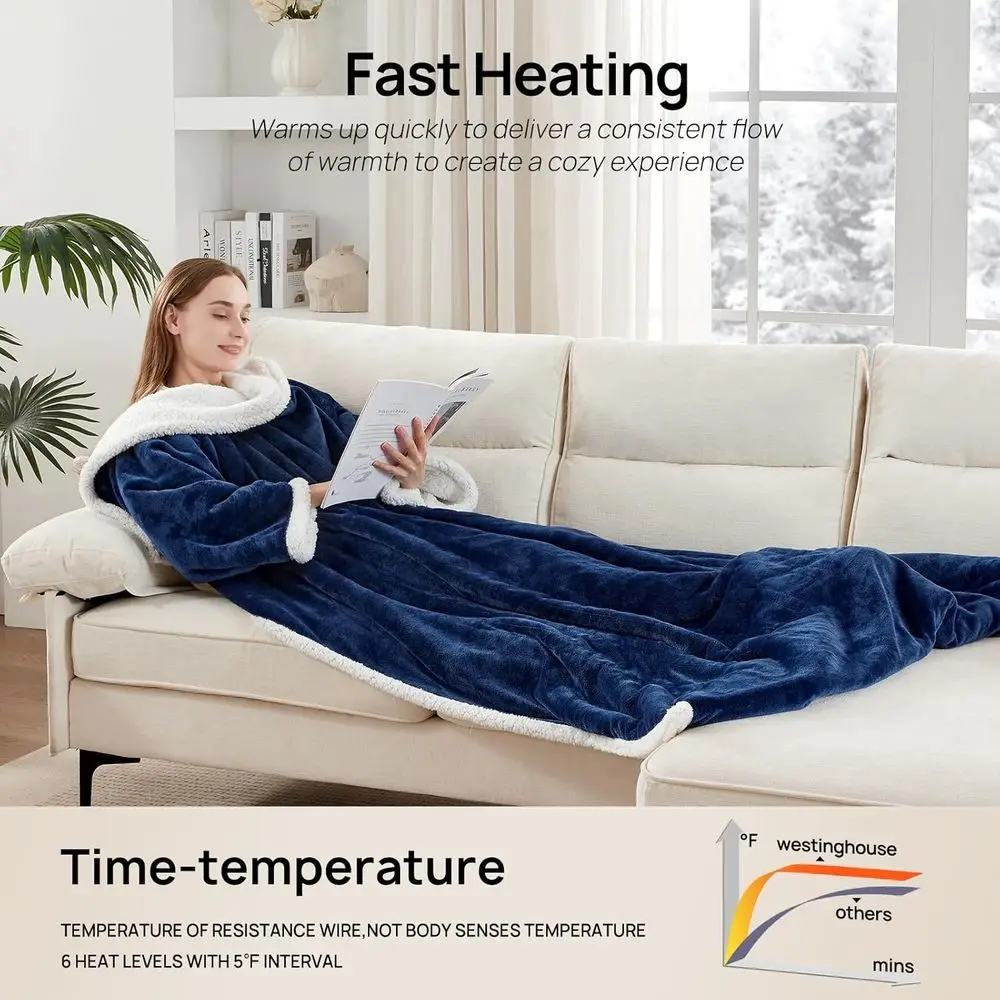 Navy Electric Throw Blanket with Foot Pocket, 6 Heat Settings, 2-10 Hours Timer, 50×70+18, Wearable with Sleeves Navy Electric Throw Blanket with Foot Pocket, 6 Heat Settings, 2-10 Hours Timer, 50×70+18, Wearable with Sleeves