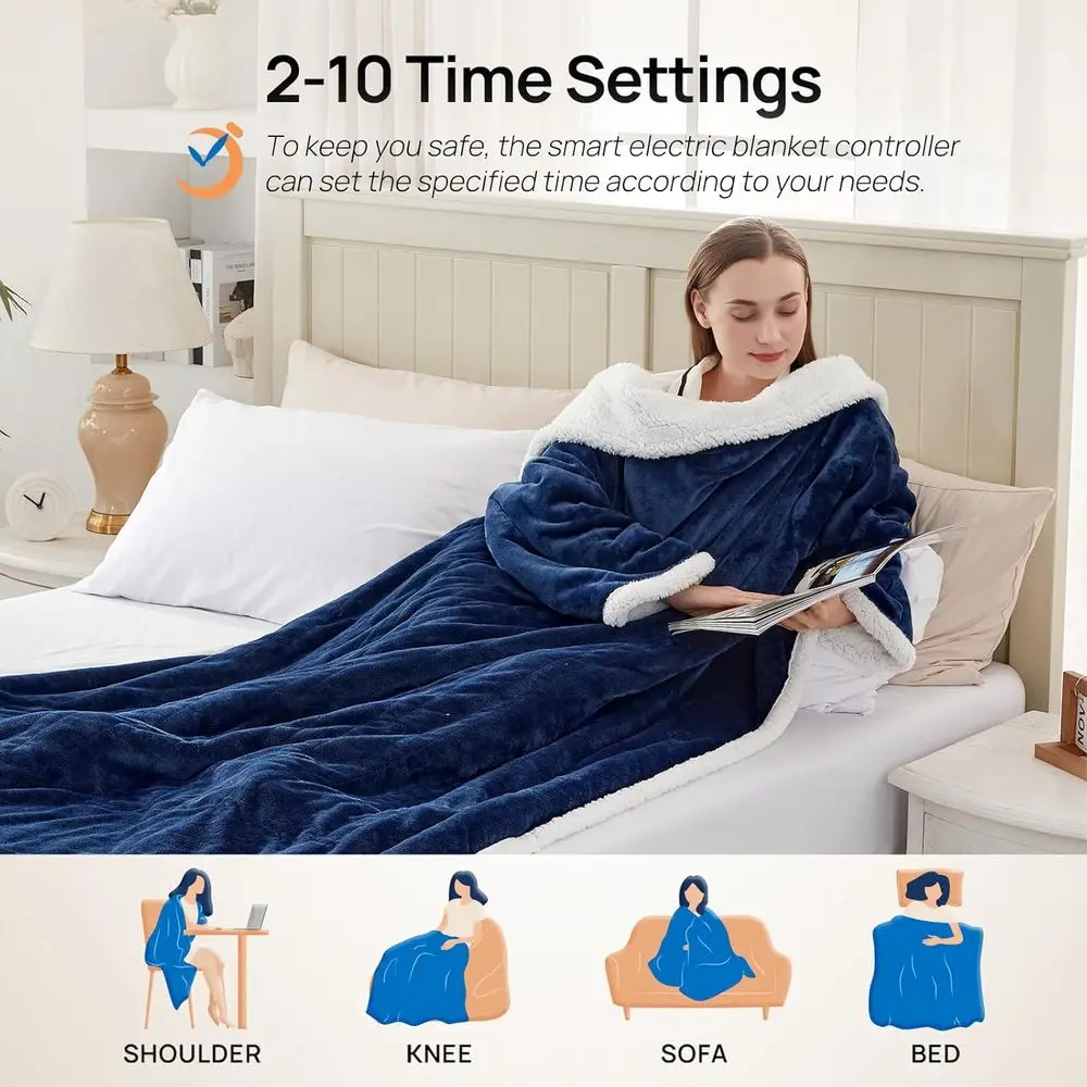 Navy Electric Throw Blanket with Foot Pocket, 6 Heat Settings, 2-10 Hours Timer, 50×70+18, Wearable with Sleeves Navy Electric Throw Blanket with Foot Pocket, 6 Heat Settings, 2-10 Hours Timer, 50×70+18, Wearable with Sleeves
