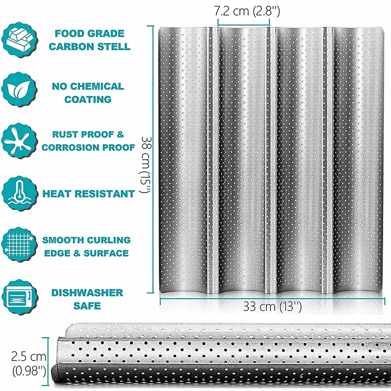 Nonstick Perforated French Bread Baking Pan Carbon Steel Baguette Pan French Bread 4 Wave Loaves Loaf Bake Mold