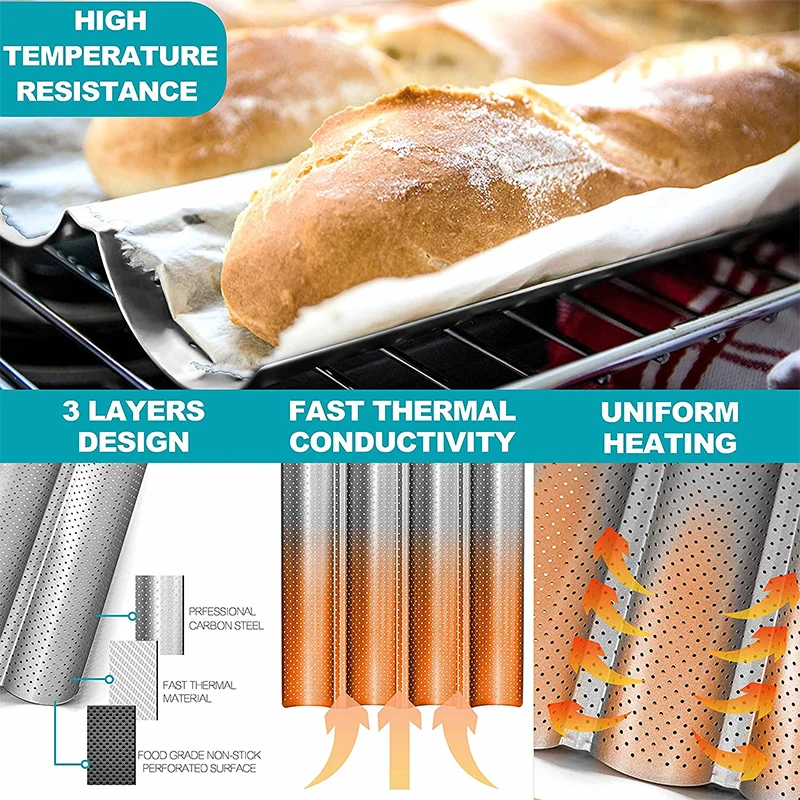 Nonstick Perforated French Bread Baking Pan Carbon Steel Baguette Pan French Bread 4 Wave Loaves Loaf Bake Mold