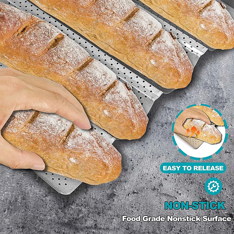 Nonstick Perforated French Bread Baking Pan Carbon Steel Baguette Pan French Bread 4 Wave Loaves Loaf Bake Mold