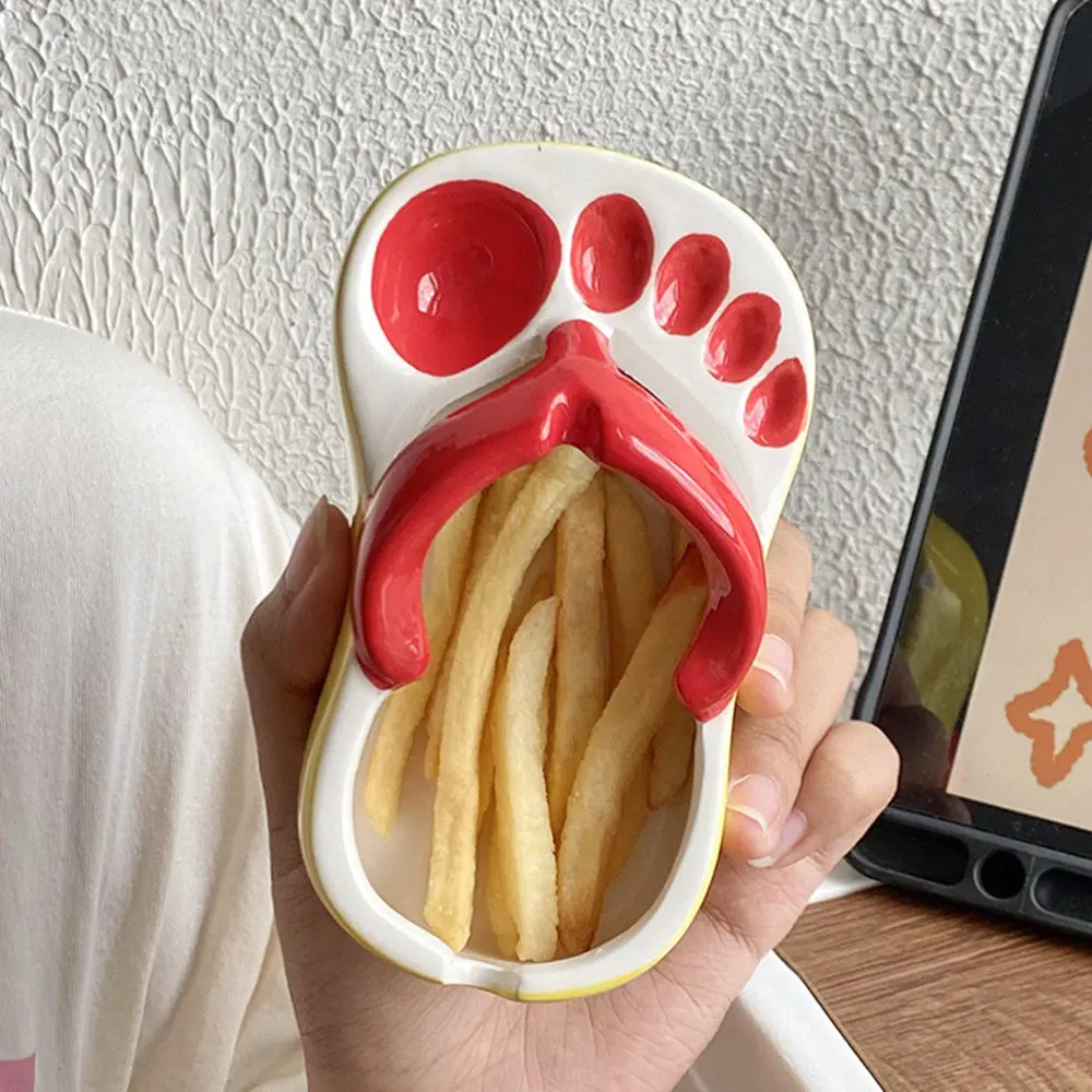 Novel French Fries Plate Creative Funny Slipper Shaped Ceramic Food Boats French Fry Cup Holder For Restaurant Party
