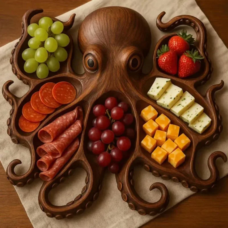 Octopus Food Tray Wooden Fruit Serving Pan Cheese Platter Dessert Storge Bowl Partition Food Classification Decorative Octopus Food Tray Wooden Fruit Serving Pan Cheese Platter Dessert Storge Bowl Partition Food Classification Decorative