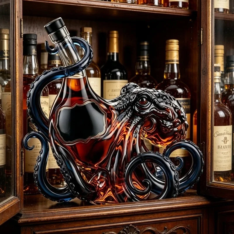 Octopus Wine Bottle,The Kraken Octopus Rum Bottle Print Bar Pub Man Cave Wine Lover Art Collection Decoration