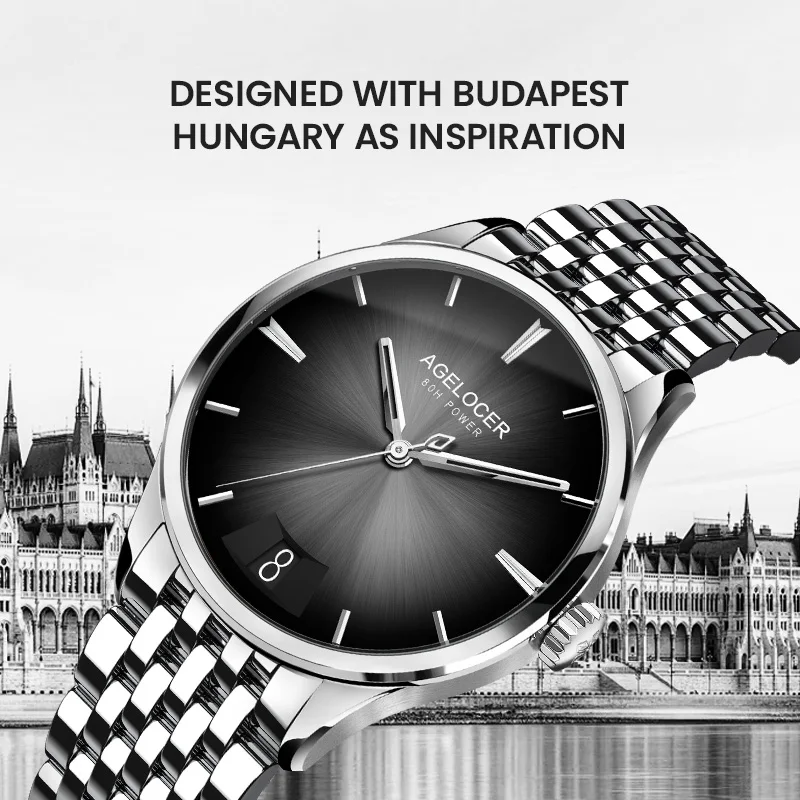 Original Budapest Watch Steel Strap Men's Business Dress Big Calendar Automatic Mechanical Watch Birthday Gift for Men