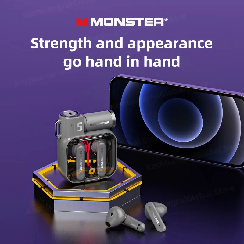 Original Monster XKT15 Wireless Bluetooth 5.3 Earphones TWS Gaming Earbuds RGB Flip Cover Design Headset Low latency
