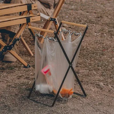Outdoor Camping Wooden Handle Bracket Home Foldable Kitchen Debris Storage Rack Portable Plastic Garbage Bag Shelf