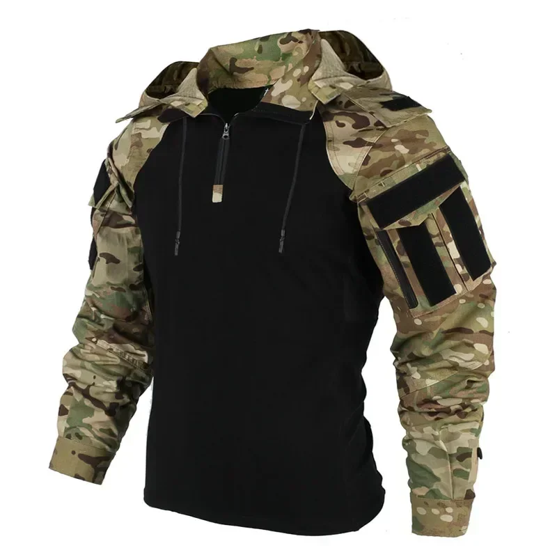 Outdoor Shirts Camo Combat T-Shirt Hooded Men Tactical Shirt Wear Resistance Airsoft Paintball Camping Hunting Clothing Outdoor Shirts Camo Combat T-Shirt Hooded Men Tactical Shirt Wear Resistance Airsoft Paintball Camping Hunting Clothing
