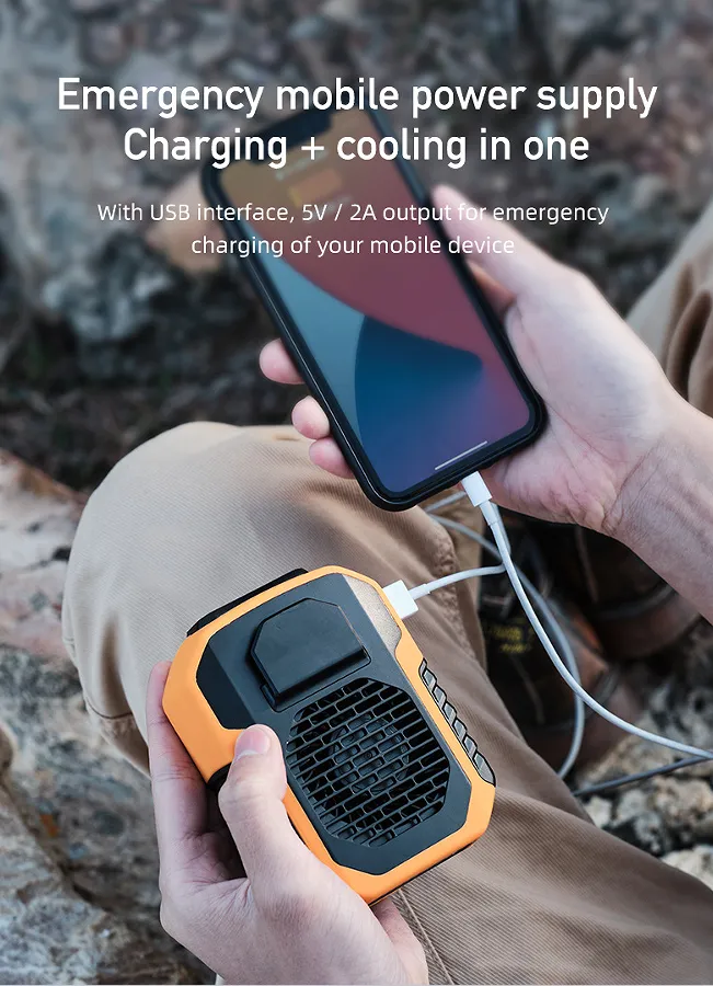 Outdoor Waist Mounted Fan Polymer Battery Anti Drop Shock Absorption USB Portable Power Bank with Bladeless Hanging