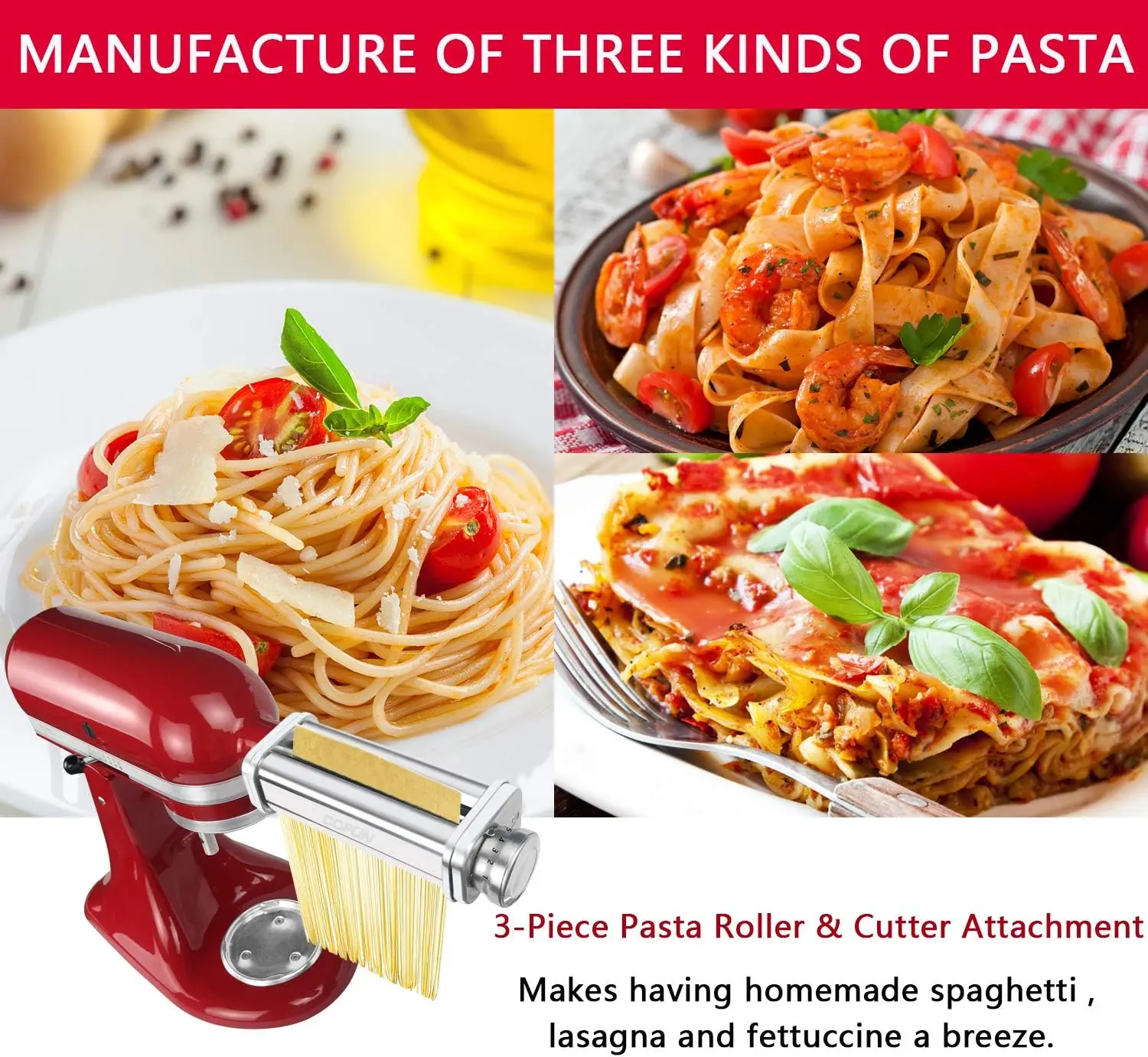 Pasta Attachment for KitchenAid Mixer, Pasta Sheet Roller, Spaghetti Fettuccine Cutter,Stainless Noodle Fit All