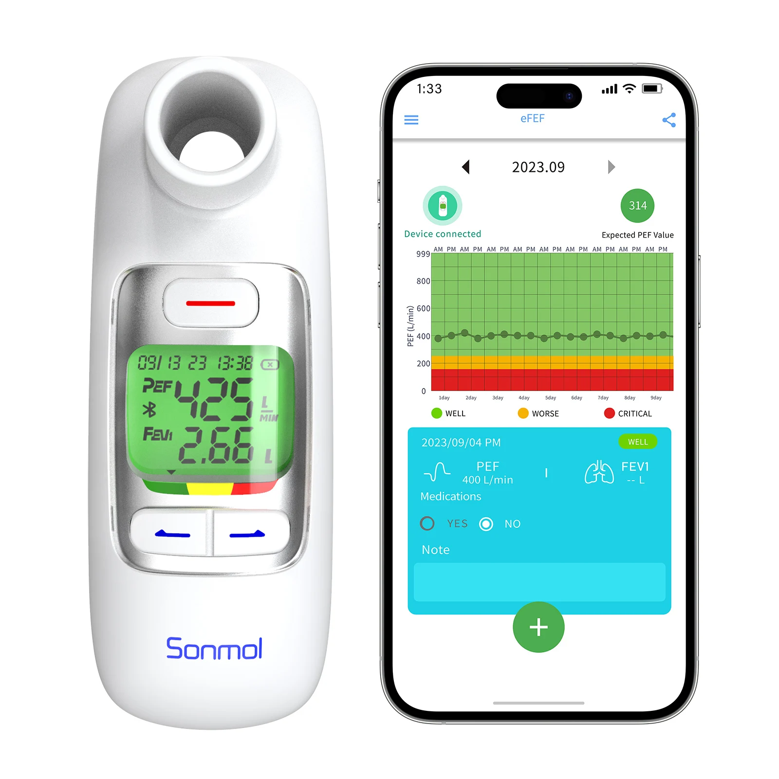 Peak Flow Meter Digital Home Spirometer with Bluetooth for Asthma COPD Test PEF and FEV1 Smart Personal Portable