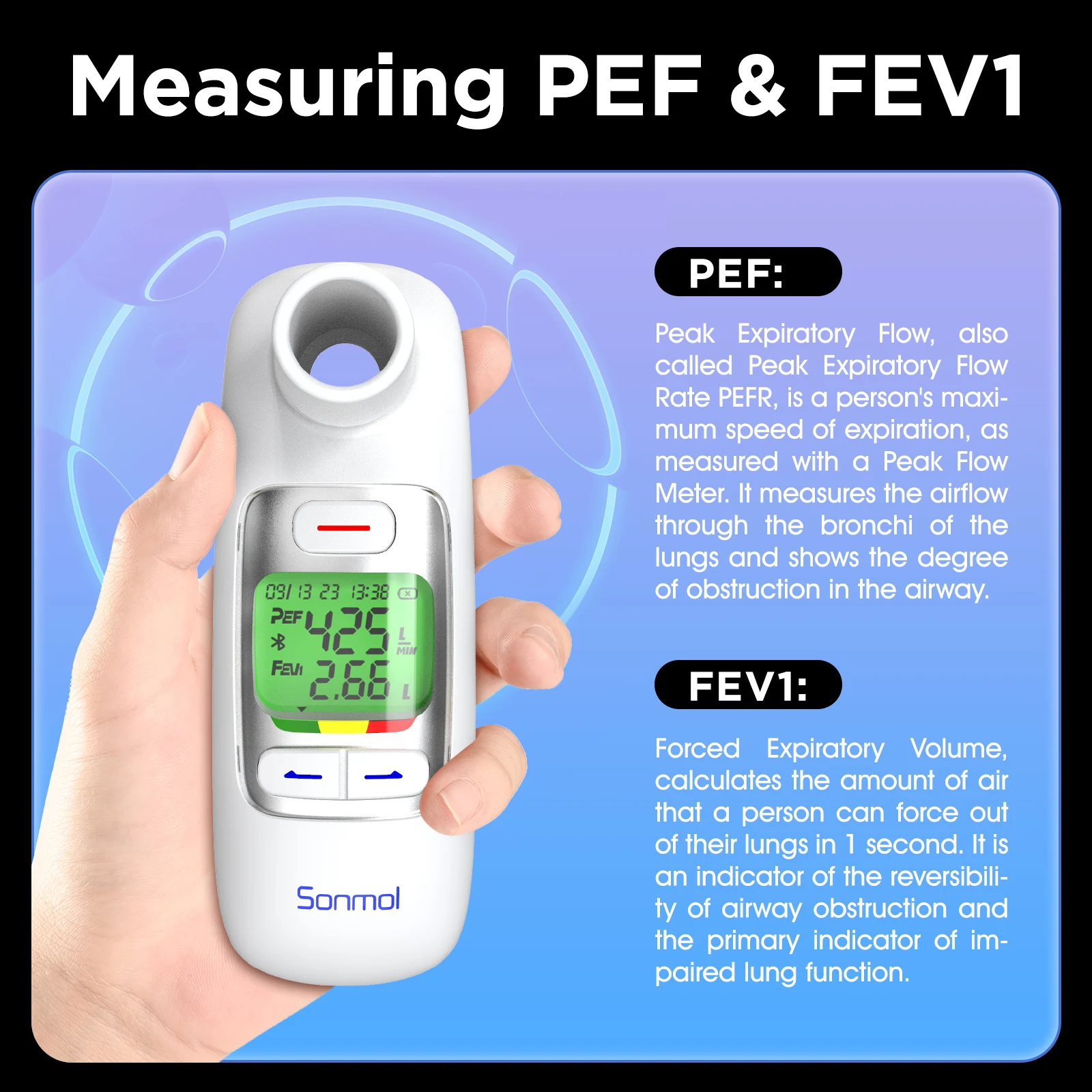 Peak Flow Meter Digital Home Spirometer with Bluetooth for Asthma COPD Test PEF and FEV1 Smart Personal Portable