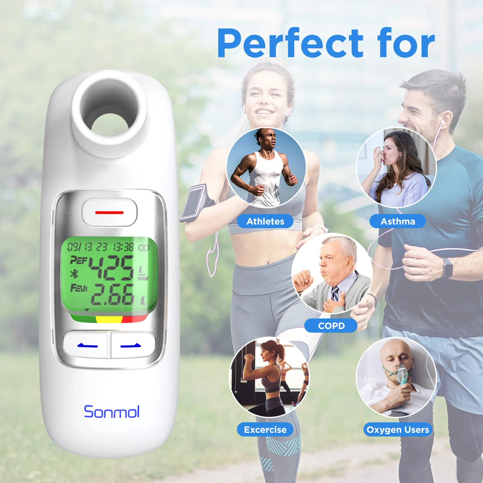 Peak Flow Meter Digital Home Spirometer with Bluetooth for Asthma COPD Test PEF and FEV1 Smart Personal Portable