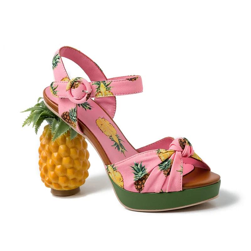 Phoentin Pineapple High Heels Buckle Strap Sandals Pink Printed Peep-Toe Pumps Phoentin Pineapple High Heels Buckle Strap Sandals Pink Printed Peep-Toe Pumps