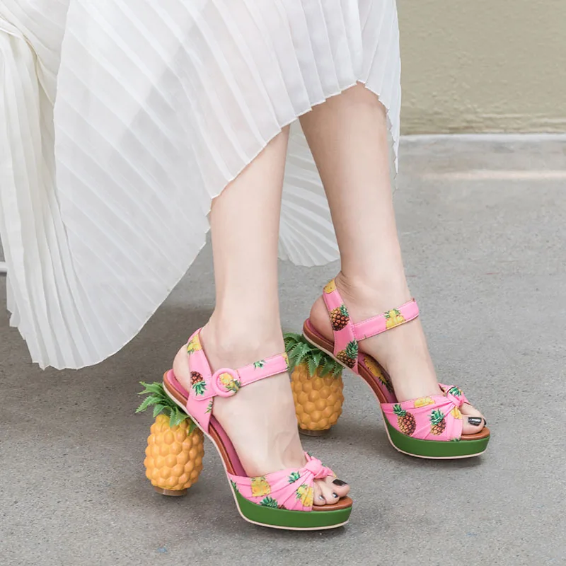 Phoentin Pineapple High Heels Buckle Strap Sandals Pink Printed Peep-Toe Pumps