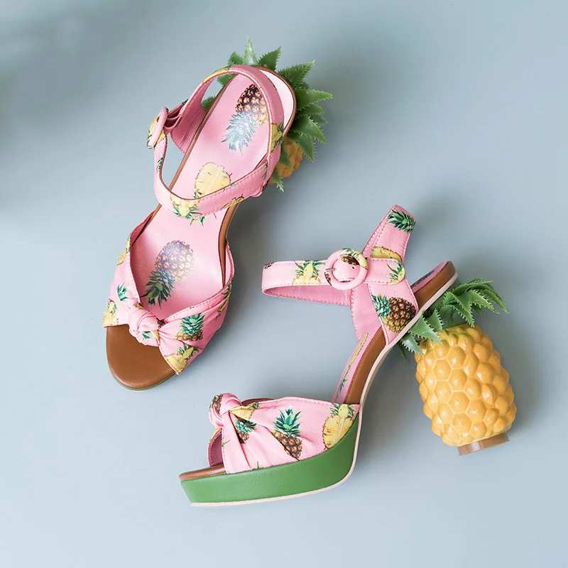 Phoentin Pineapple High Heels Buckle Strap Sandals Pink Printed Peep-Toe Pumps