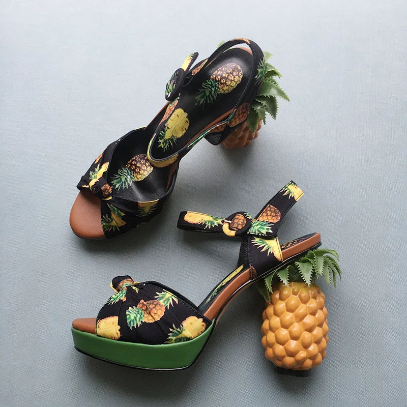 Phoentin Pineapple High Heels Buckle Strap Sandals Pink Printed Peep-Toe Pumps