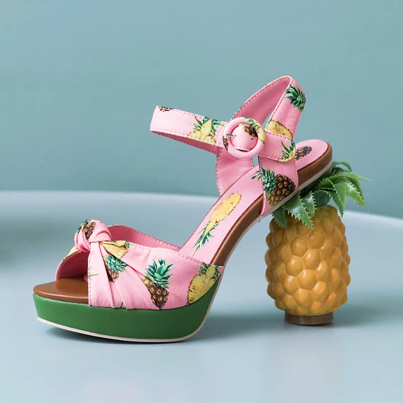Phoentin Pineapple High Heels Buckle Strap Sandals Pink Printed Peep-Toe Pumps