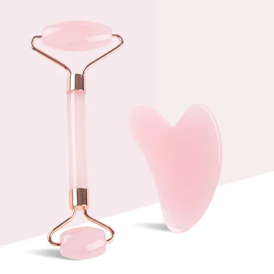 Pink Rose Quartz Jade Massager Roller Gouache Scraper Set Natural Crystal Stone Gua Sha Board Face Roller Skin Care Pink Rose Quartz Jade Massager Roller Gouache Scraper Set Natural Crystal Stone Gua Sha Board Face Roller Skin Care