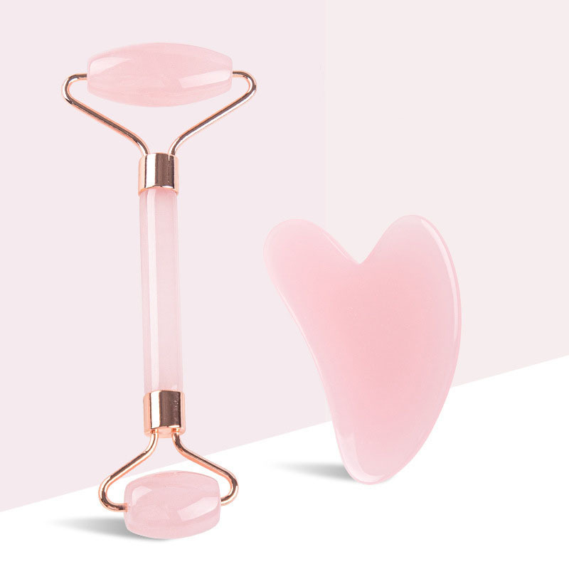 Pink Rose Quartz Jade Massager Roller Gouache Scraper Set Natural Crystal Stone Gua Sha Board Face Roller Skin Care