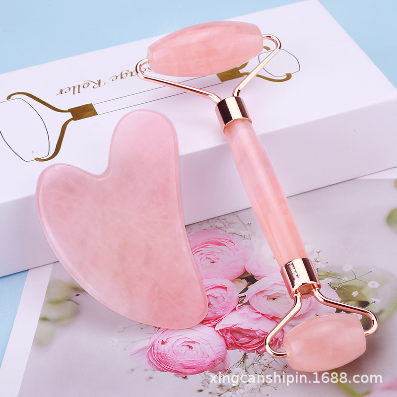 Pink Rose Quartz Jade Massager Roller Gouache Scraper Set Natural Crystal Stone Gua Sha Board Face Roller Skin Care Pink Rose Quartz Jade Massager Roller Gouache Scraper Set Natural Crystal Stone Gua Sha Board Face Roller Skin Care