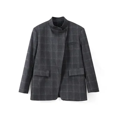 Plaid Print Blazer Jacket Women Fashion Stand Collar Full Sleeve Split Loose Short Coat Spring Female Daily Commute
