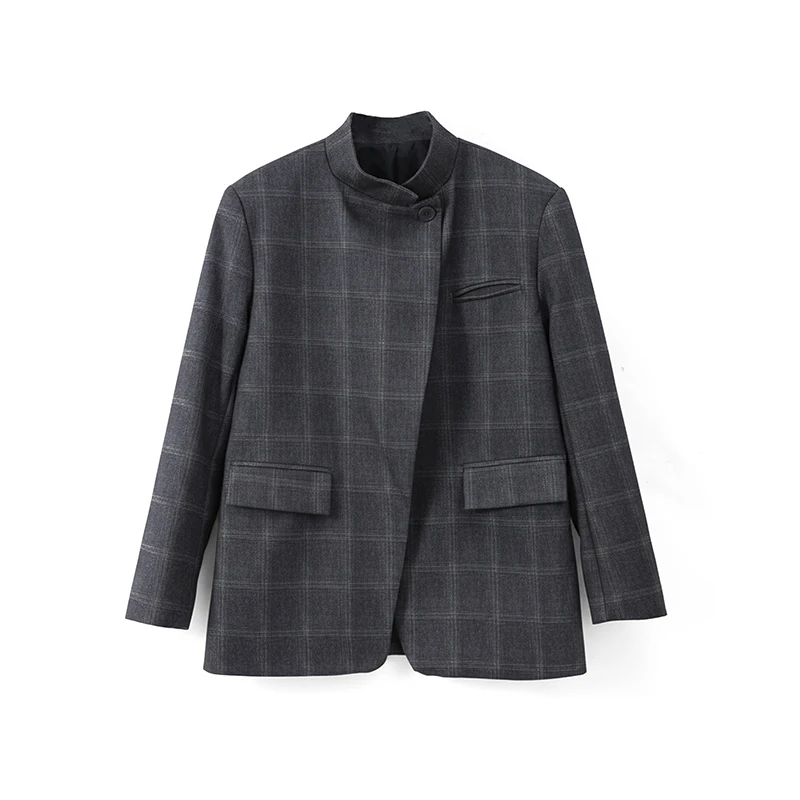 Plaid Print Blazer Jacket Women Fashion Stand Collar Full Sleeve Split Loose Short Coat Spring Female Daily Commute
