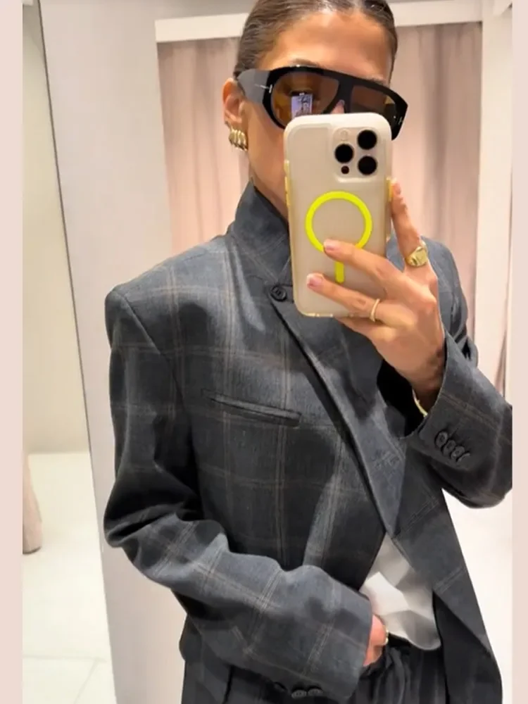 Plaid Print Blazer Jacket Women Fashion Stand Collar Full Sleeve Split Loose Short Coat Spring Female Daily Commute