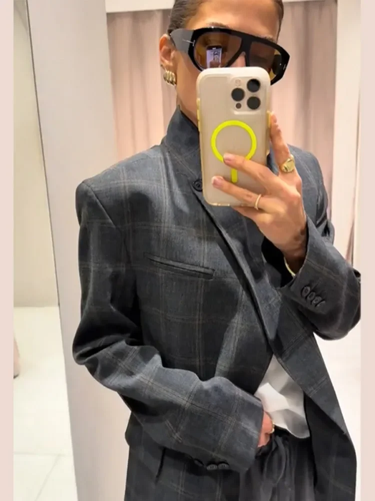 Plaid Print Blazer Jacket Women Fashion Stand Collar Full Sleeve Split Loose Short Coat Spring Female Daily Commute