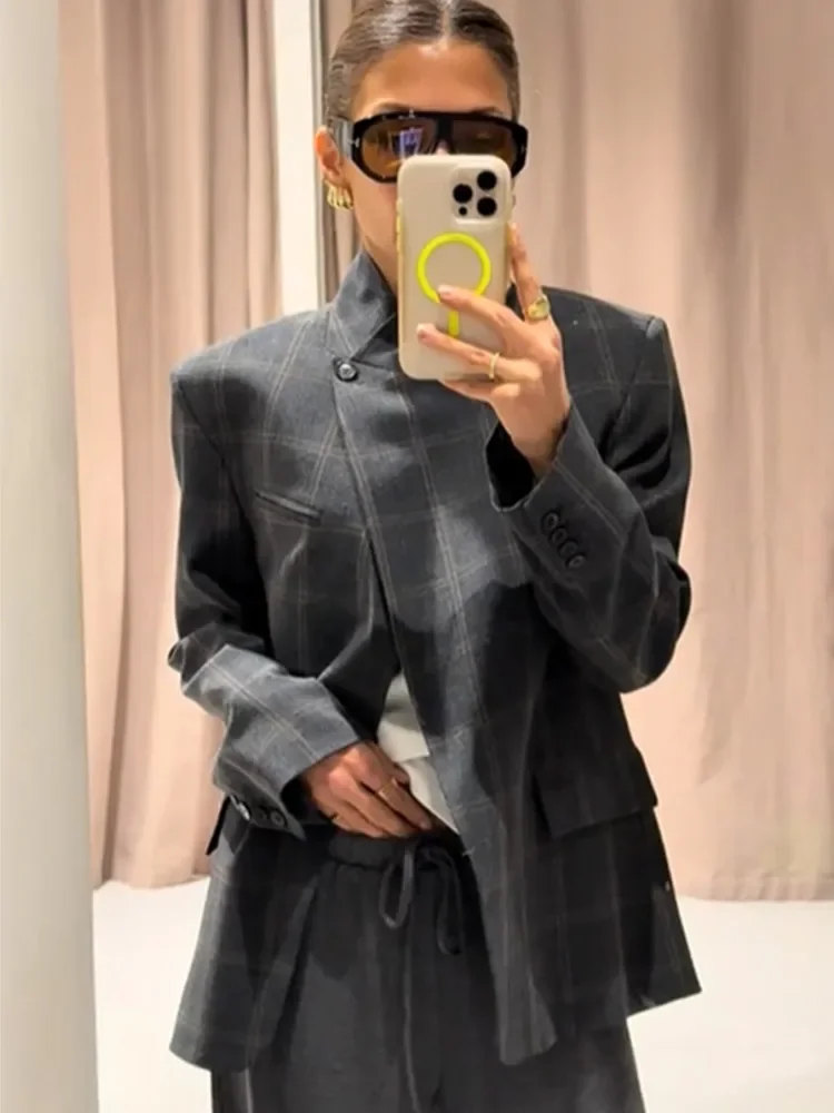 Plaid Print Blazer Jacket Women Fashion Stand Collar Full Sleeve Split Loose Short Coat Spring Female Daily Commute