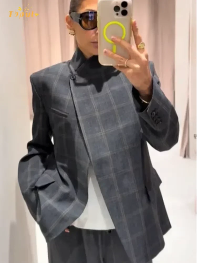 Plaid Print Blazer Jacket Women Fashion Stand Collar Full Sleeve Split Loose Short Coat Spring Female Daily Commute