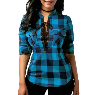 Plaid Shirts Lace-Up Blouse Plaid Shirts Lace-Up Blouse