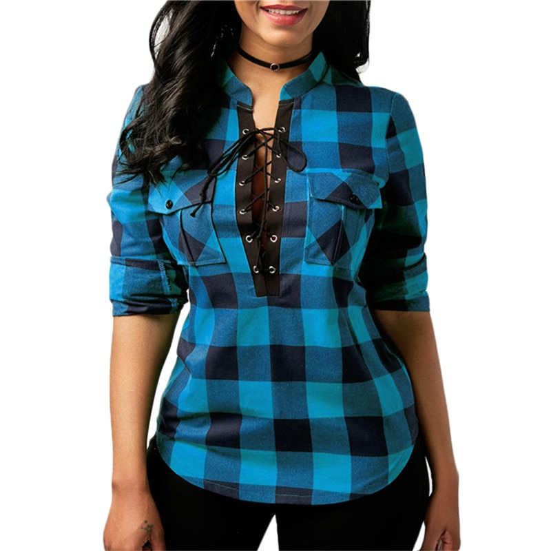 Plaid Shirts Lace-Up Blouse Plaid Shirts Lace-Up Blouse