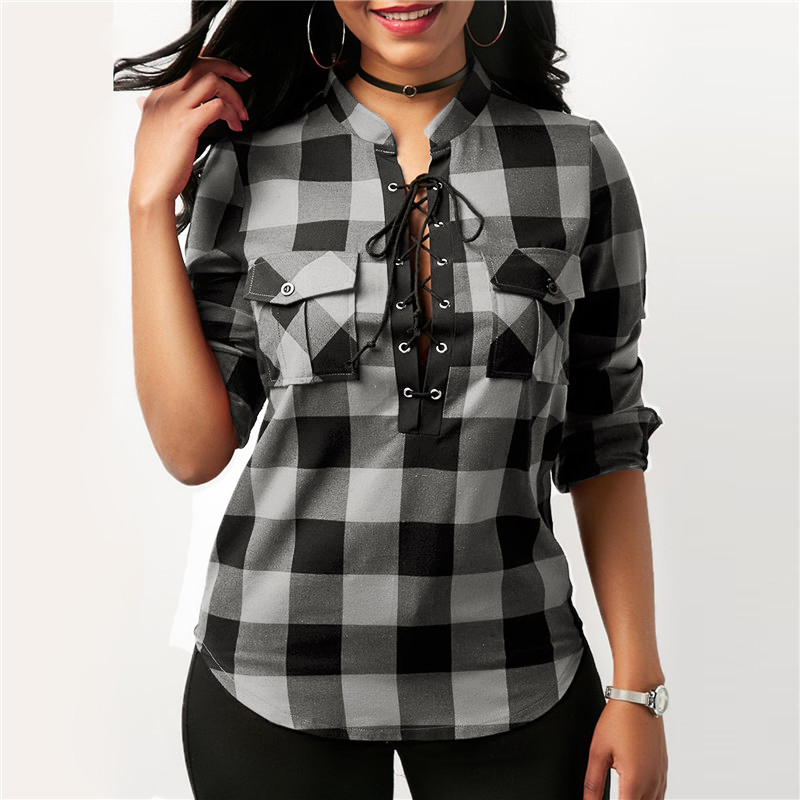 Plaid Shirts Lace-Up Blouse Plaid Shirts Lace-Up Blouse