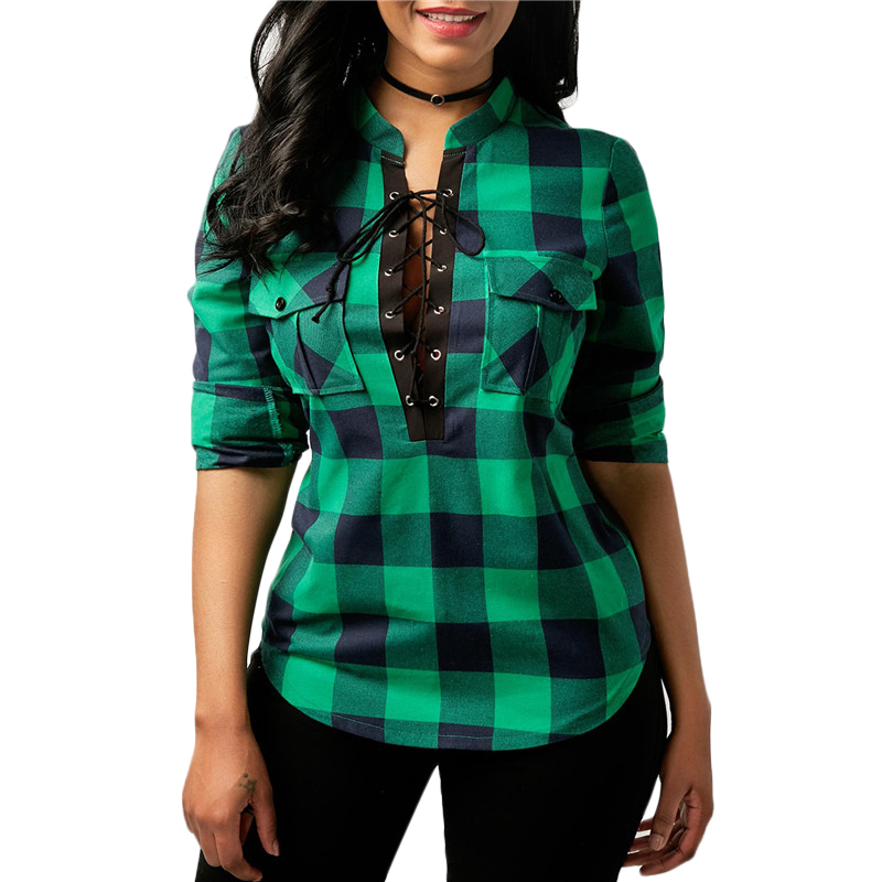 Plaid Shirts Lace-Up Blouse Plaid Shirts Lace-Up Blouse