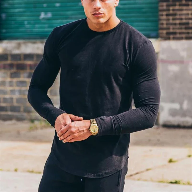 Plain Cotton Breathable Long Sleeve Clothing Gym Fitness Bodybuilding Sport T-shirts Mens Workout Casual Slim Fit