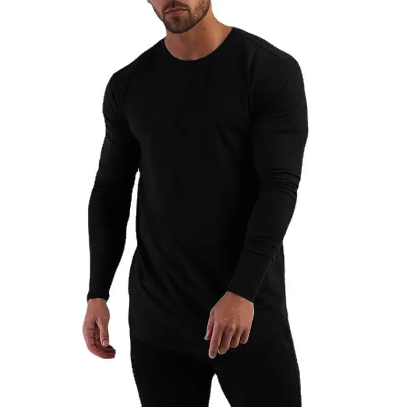 Plain Cotton Breathable Long Sleeve Clothing Gym Fitness Bodybuilding Sport T-shirts Mens Workout Casual Slim Fit