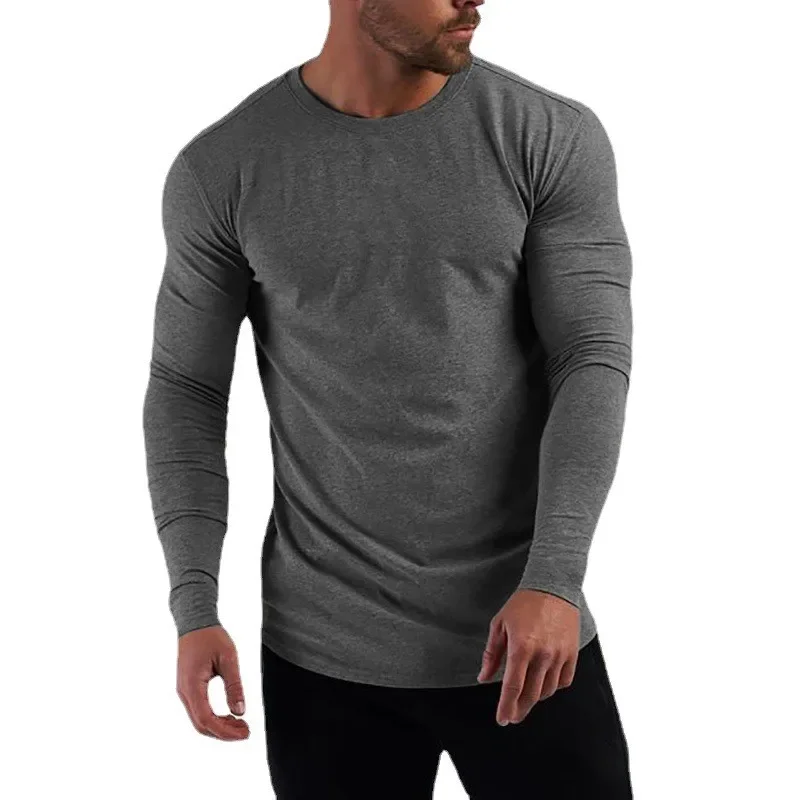 Plain Cotton Breathable Long Sleeve Clothing Gym Fitness Bodybuilding Sport T-shirts Mens Workout Casual Slim Fit