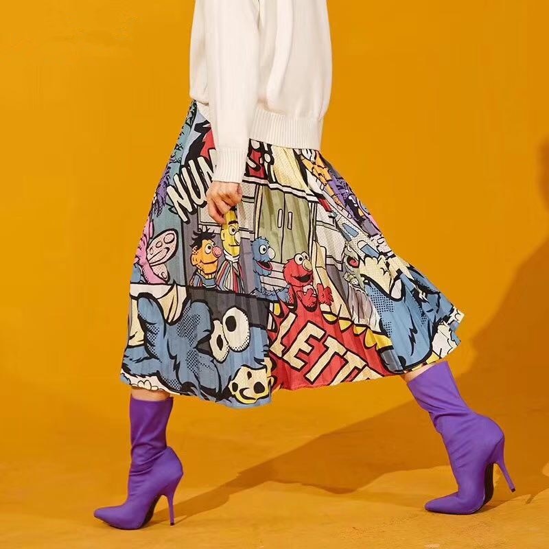 Pleated Maxi Skirt Sesame Street Print Pleated Maxi Skirt Sesame Street Print
